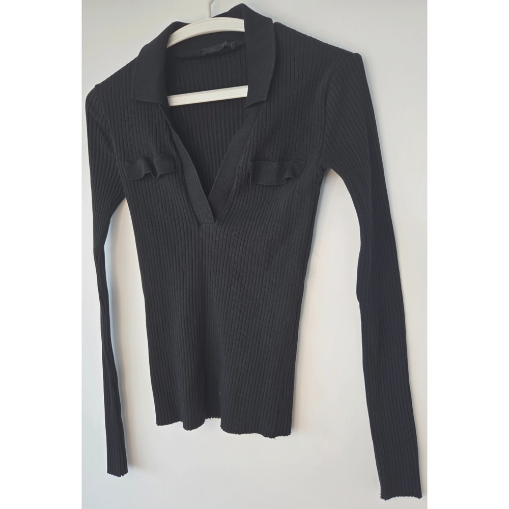 Zara Ribbed Collared Sweater V-Neck Cotton Front Fake Pockets Black Quiet Luxury - Picture 8 of 16